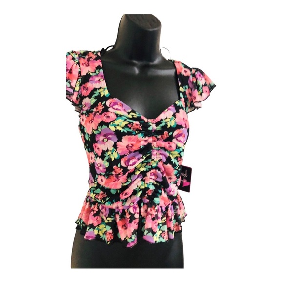 Black pink purple‎ floral peplum shirred front heart neckline blouse size large - Picture 3 of 14